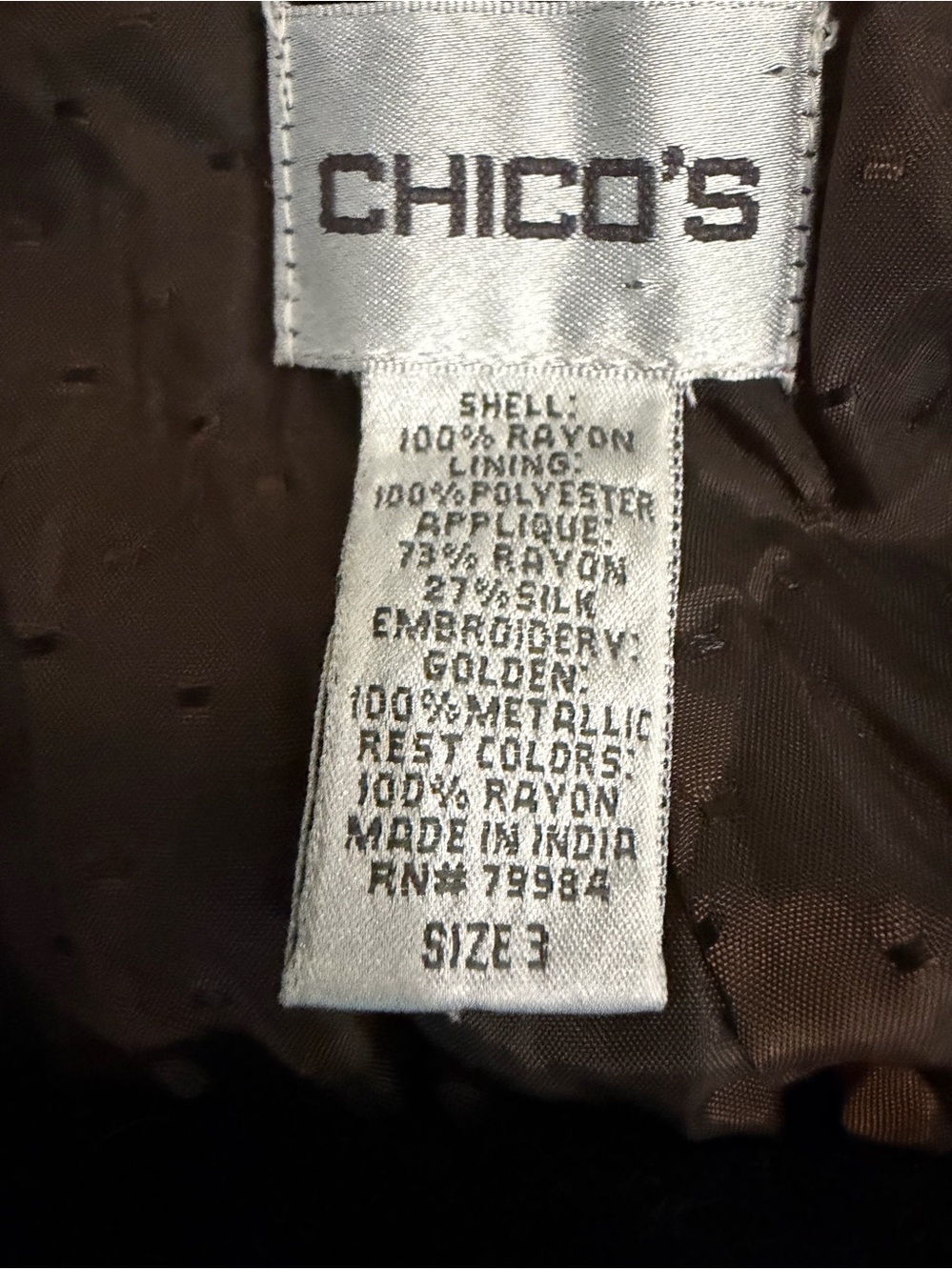 Chico’s‎ Size 3 (US 16) Brown Velour & Silk Jacket w/Sequins & Studs - Picture 7 of 7